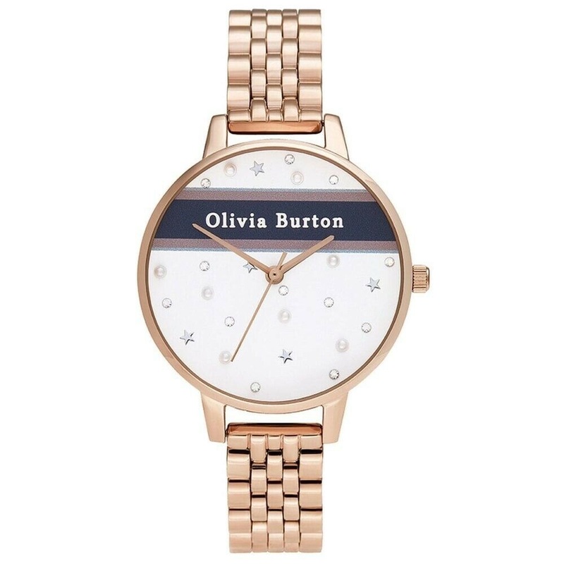 OLIVIA BURTON OB16VS06 Varsity Pink & Navy Stripe & Rose Gold Women’s Bracelet Watch 34 White Stainless Steel