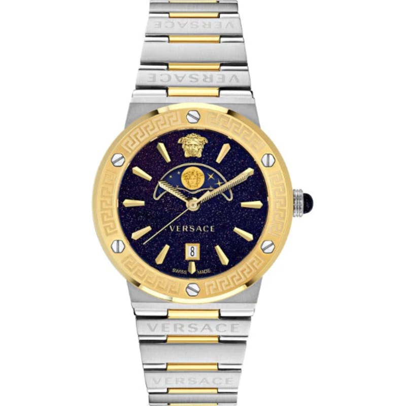 Versace Greca Logo Moonphase Two-tone Stainless Steel Blue Dial Quartz Watch for Gents – VE7g00223