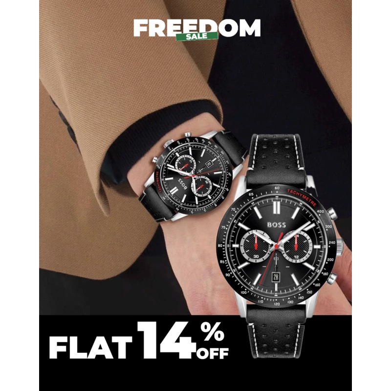 BOSS Men’s Quartz Chronograph Watch with Black Leather Strap 44 Black Stainless Steel