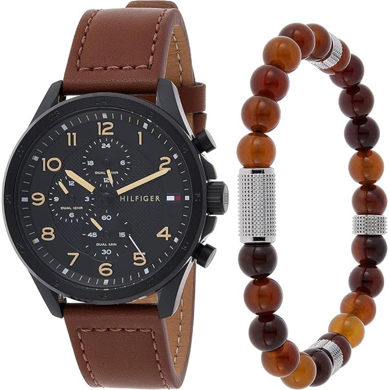 Tommy Hilfiger 2770153 Black Dial Leather Strap Stainless Steel Case Men’s Watch 44mm Black Stainless steel