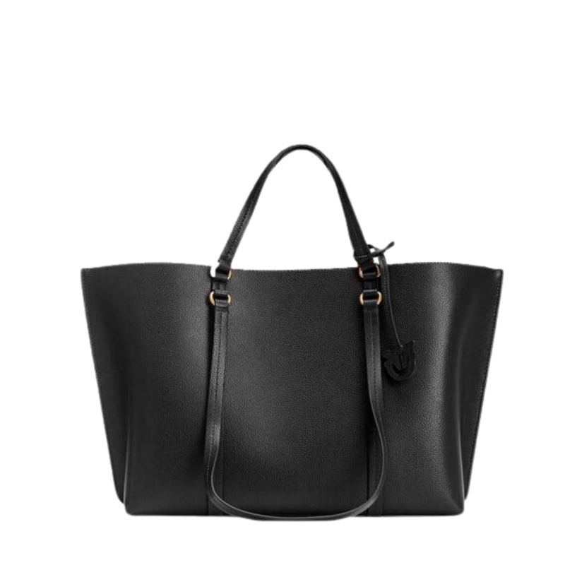 PINKO Carrie Shopper Big Hand Bag  Black Calfskin Leather Tote