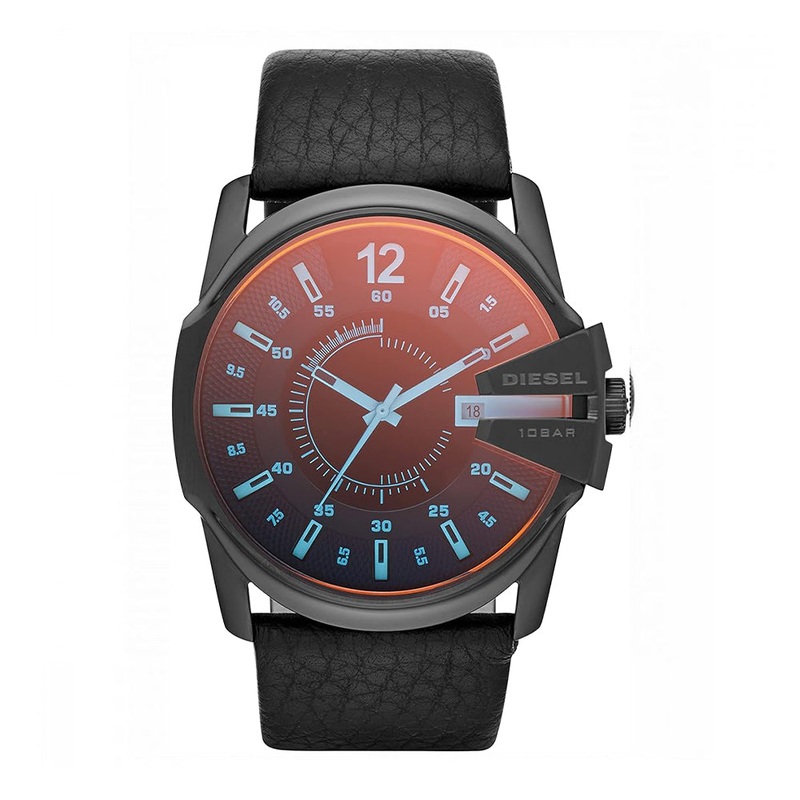 DIESEL DZ1657 Mega Chief Analogue Quartz Leather Strap Men’s Watch 51 Black Stainless Steel