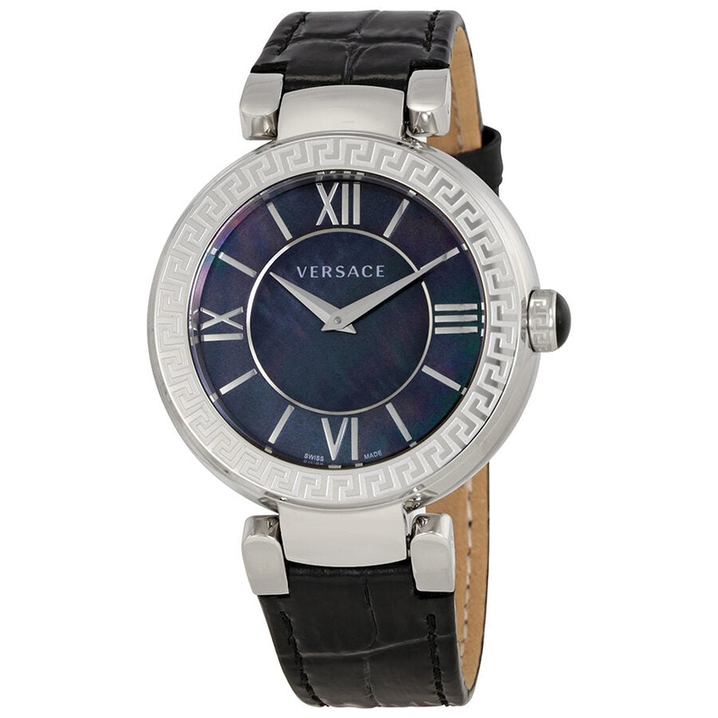 Versace Leda Black Mother of Pearl Dial Ladies Leather Watch VNC180017