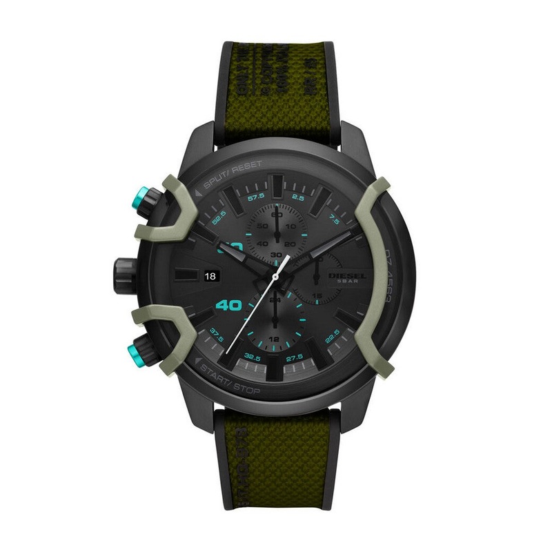 DIESEL DZ4563 Griffed Chronograph Green Canvas Men’s Watch 48 Black Stainless Steel