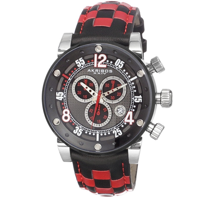 Akribos Xxiv Explorer Chronograph Black Dial Checkered Leather Men’s Watch AK612RD