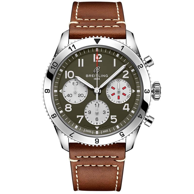 Breitling Avi Chronograph 42 Curtiss Warhawk Green Dial Brown Leather Strap Watch for Men – A233802A1L1X1