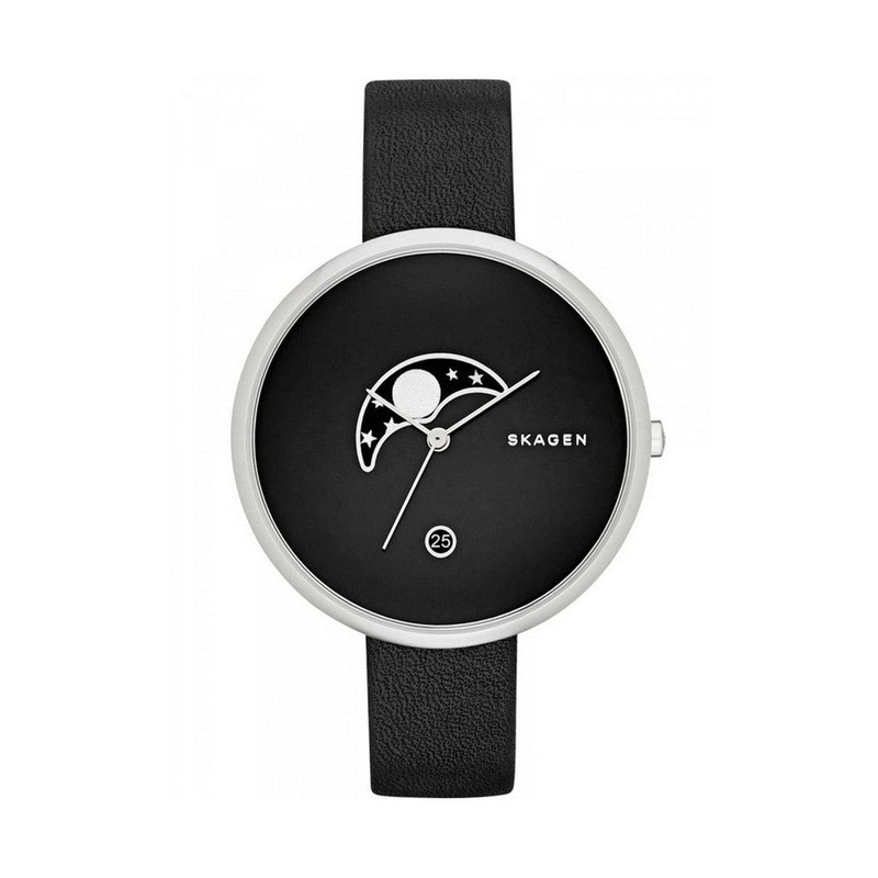 SKAGEN SKW2372 Gitte Moon Phase Black Dial Black Leather Women’s Watch 38 Black Stainless Steel
