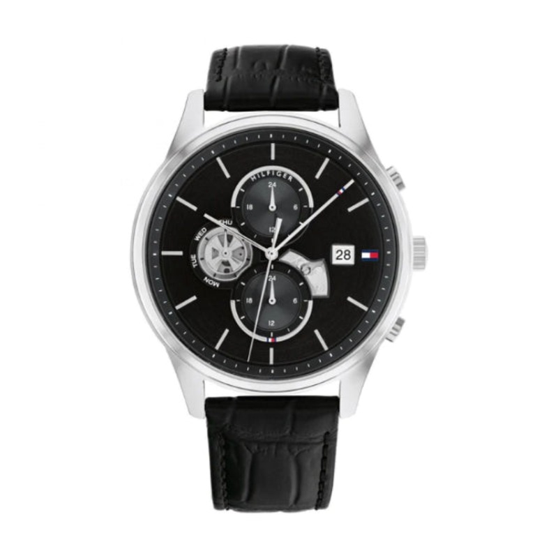 Tommy Hilfiger Weston Black Leather Strap Black Dial Chronograph Quartz Watch for Gents – 1710502