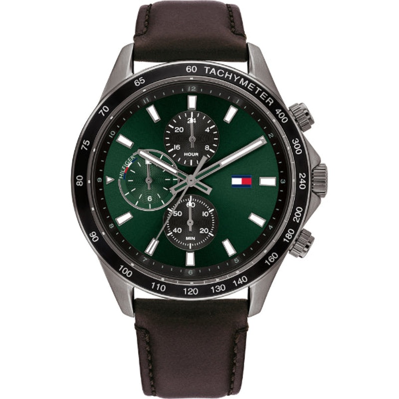 Tommy Hilfiger Miles Brown Leather Strap Green Dial Chronograph Quartz Watch for Gents – 1792017