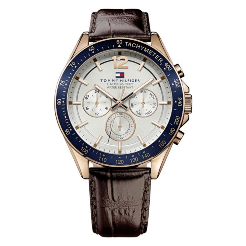 Tommy Hilfiger Luke Brown Leather Strap White Dial Chronograph Quartz Watch for Gents – 1791118