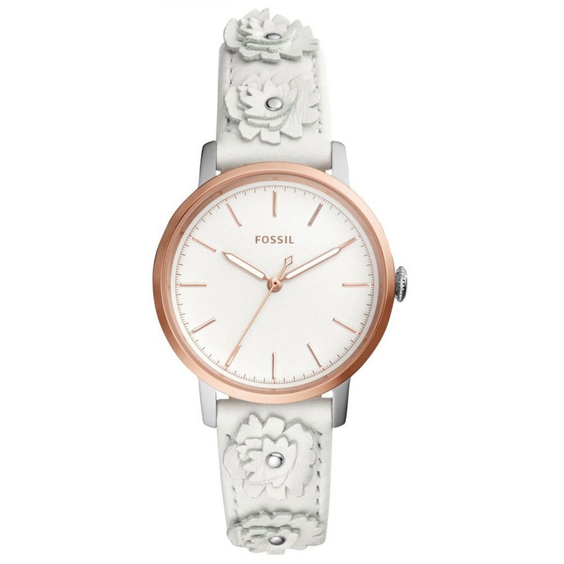 Fossil Neely Three-Hand White Leather Watch and Jewellery Box Set ES4383SET 34 White Stainless Steel