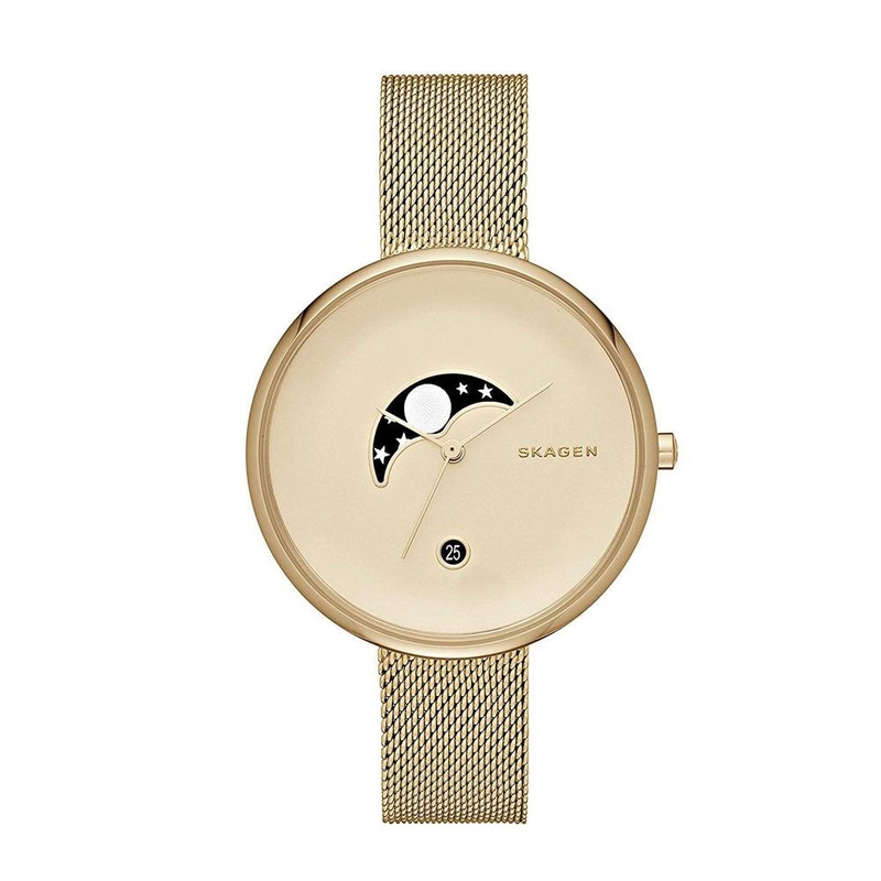 SKAGEN SKW2373 Gitte Moonphase Gold Dial Gold tone Mesh Women’s Watch 38 Gold Stainless Steel