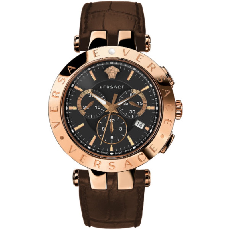 Versace V-Race Brown Leather Strap Black Dial Chronograph Quartz Watch for Gents – VERA 00320