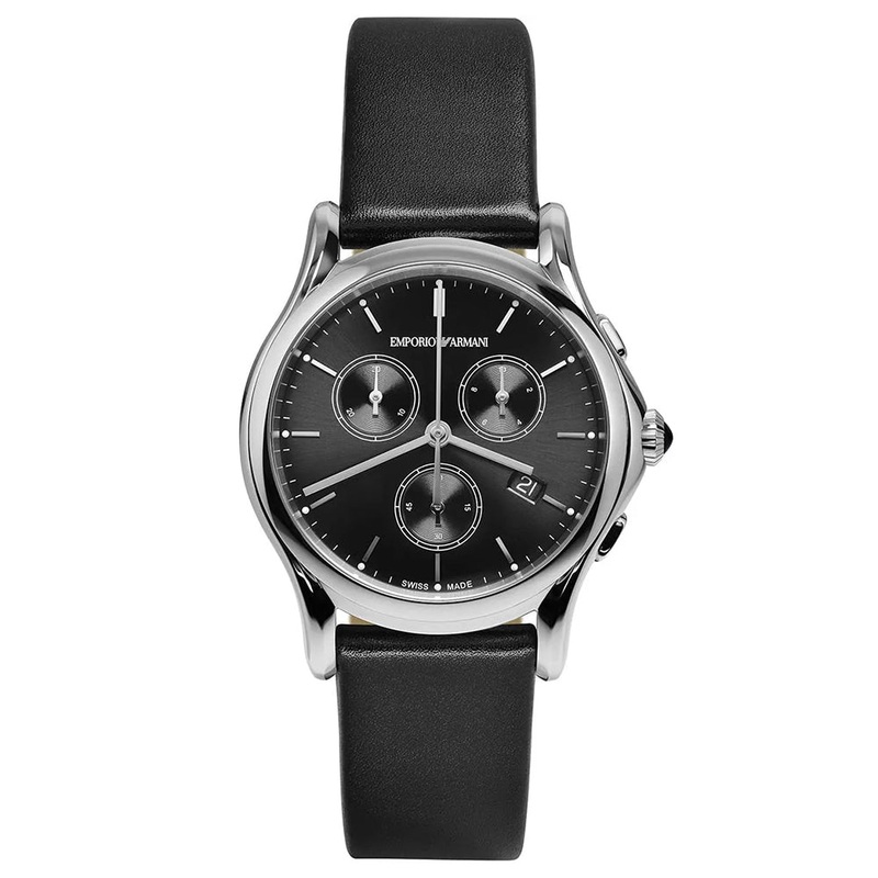 Emporio Armani Swiss Black Dial Chronograph Leather Strap Men’s Watch ARS6001 36 Black Stainless Steel