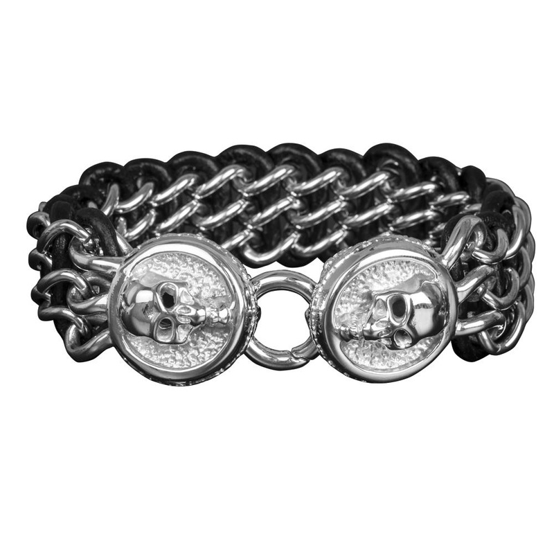 Men’s Leather Steel Skull Bracelet