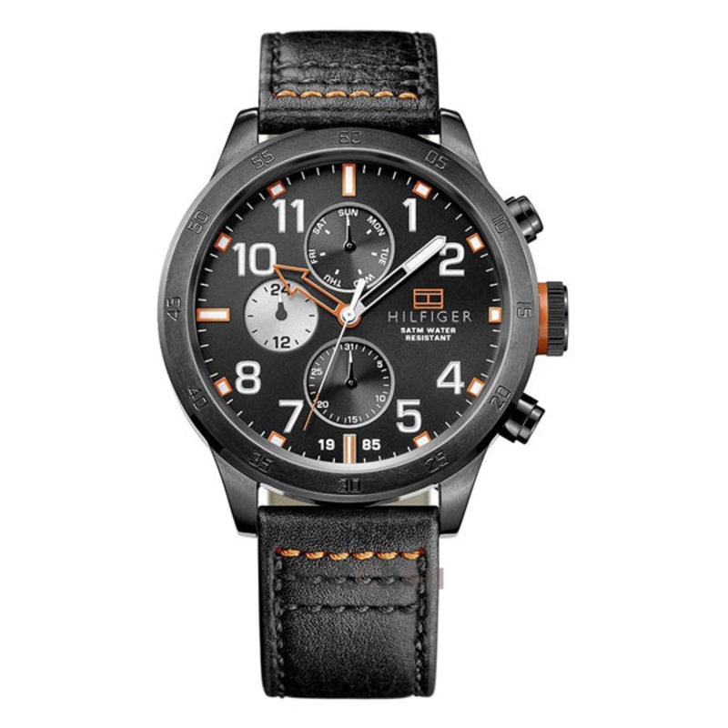 Tommy Hilfiger Trent Black Leather Strap Black Dial Chronograph Quartz Watch for Gents – 1791136