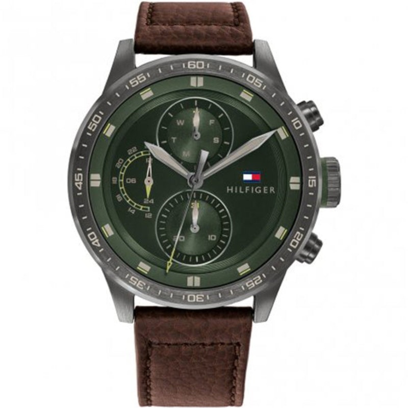 Tommy Hilfiger Trent Brown Leather Strap Green Dial Chronograph Quartz Watch for Gents – 1791809