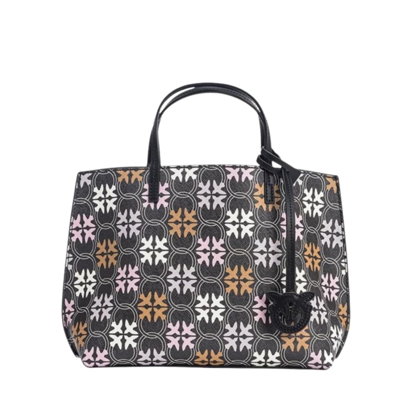 PINKO Carrie Shopper Classic Big Logo Hand Bag  Black/Multi CalfSkin Tote