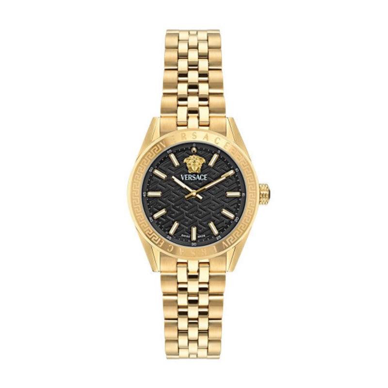 Versace V-Code Gold Stainless Steel Black Dial Quartz Watch for Ladies – VE8I00724