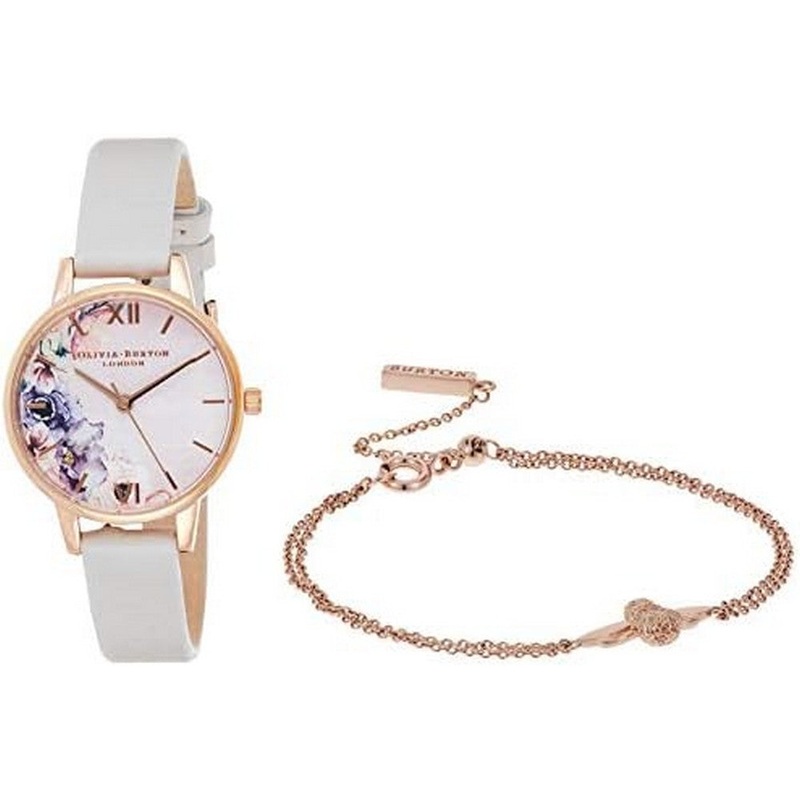 OLIVIA BURTON OB16GSET21 Watercolour Florals Midi Dial Women’s Watch And 3D Bee Rose Gold Bracelet Gift Set 30 White Stainless Steel