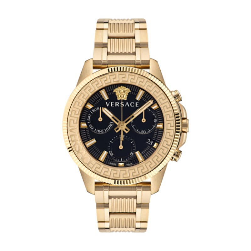 Versace Greca Action Gold Stainless Steel Black Dial Chronograph Quartz Watch for Gents – VE3J00622