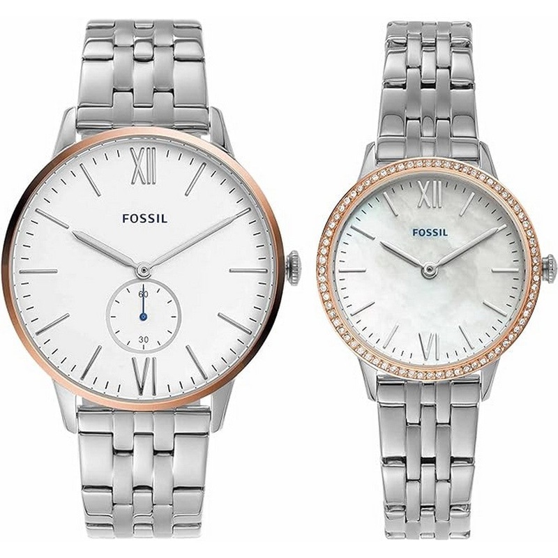 Fossil FS5562SET  His and Hers Watch Gift Set, Men’s and Women’s Stainless Steel Watch Set 42 White Stainless Steel