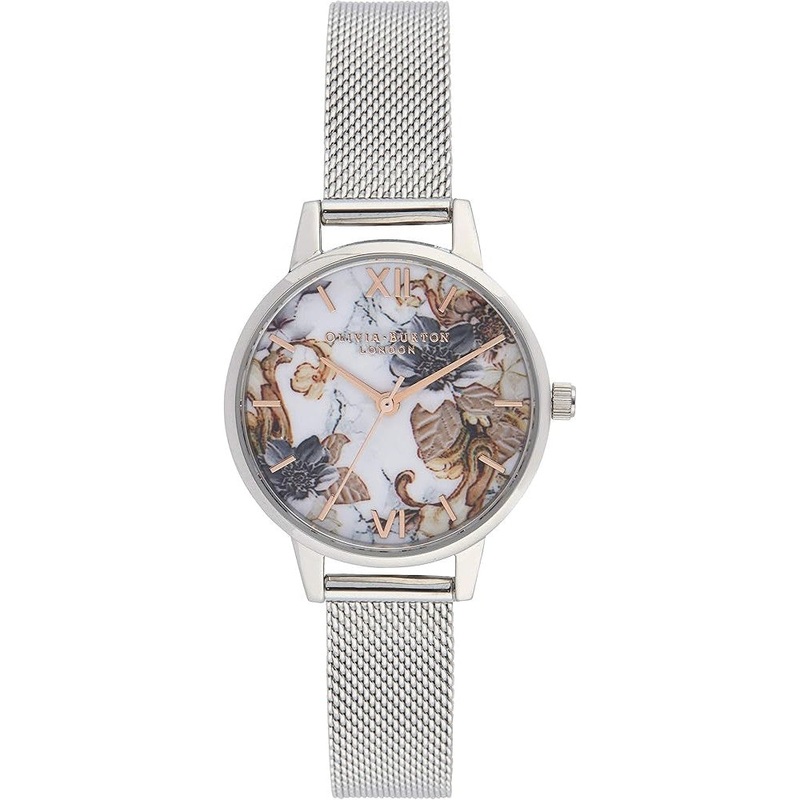 OLIVIA BURTON OB16CS16 Marble Floral Dial Women’s Mesh Watch 30 White Stainless Steel