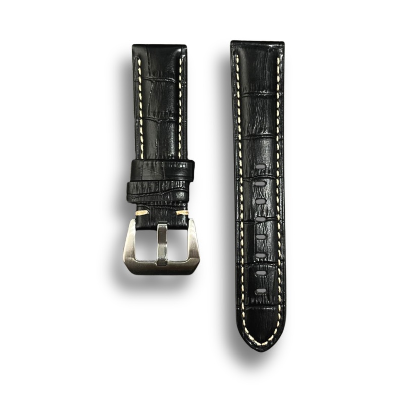 Cavern Crocodile Texture Stitched Black Leather Watch Strap | 22MM