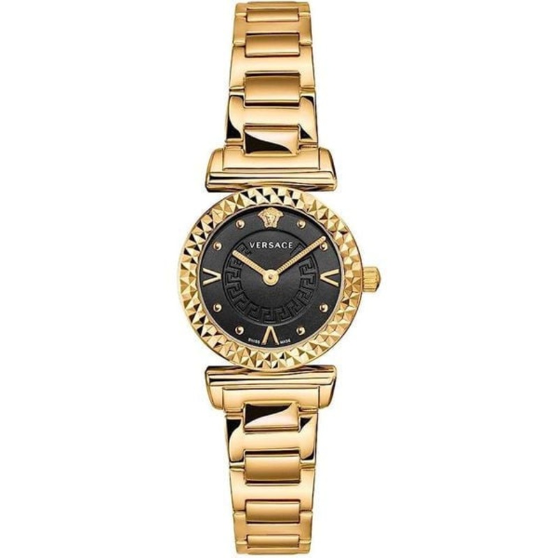 Versace Mini Vanity Gold Stainless Steel Black Dial Quartz Watch for Ladies – VEAA00518