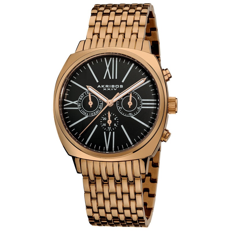 Akribos XxivBlack Dial Rose Tone Stainless Steel Men’s Watch AK636RG